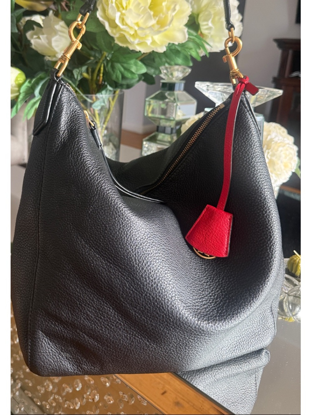 Tory Burch Black Pebbled Leather Hobo with Red Pull Tab